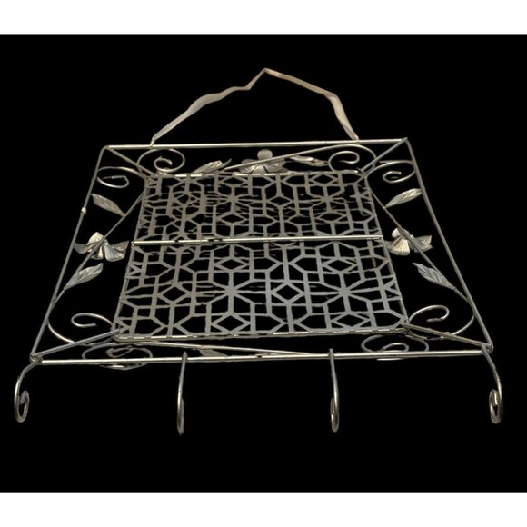 Decorative Floral Design Silver Metal Wall Hanging Jewelry Organizer With 4 Hook - Picture 13 of 13